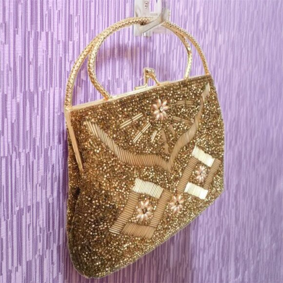 Gold Beaded Vintage 60's Hand Held bag - Picture 1 of 7
